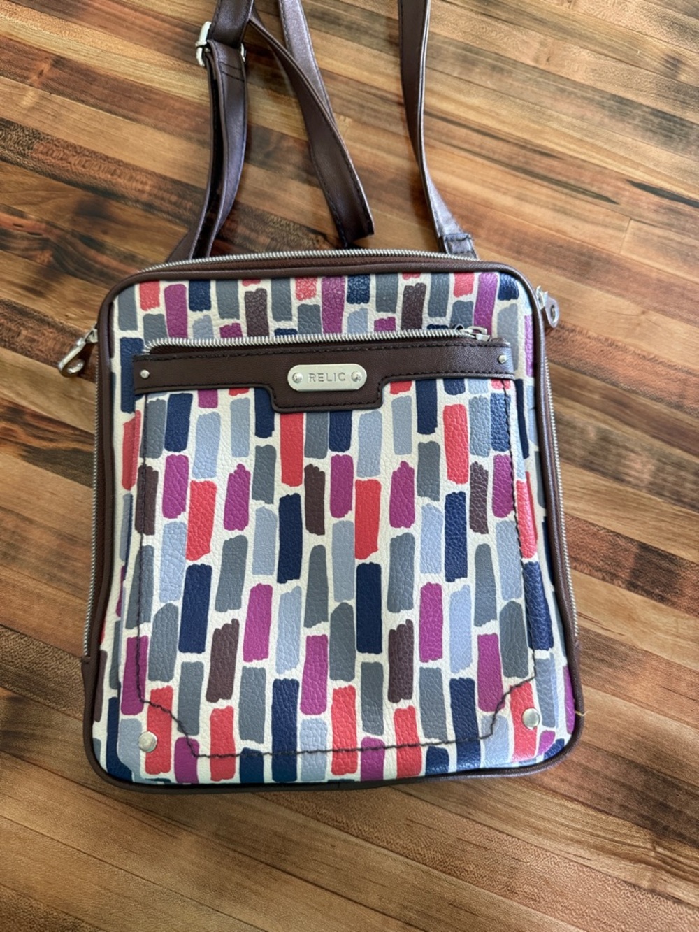 Relic Multicolor Brushstroke Crossbody with Brown Trim